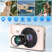 Ourlife 5K Digital Camera for Vlogging, 72MP Sensor, Autofocus, 16X Digital Zoom, Built-In Flash, Pink, 64GB Card, 2 Batteries