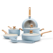 GreenPan Essence 10-Piece Ceramic Nonstick Cookware Set, Diamond-Infused Thermolon Coating, Blue Haze, Induction Compatible, Stay-Cool Wood-Print Handles