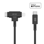 Hyper HyperJuice USB-C and Lightning Hybrid Silicone Charging Cable, 60W Fast Charging, Apple MFi Certified, Tangle-Free, Durable Soft-Touch Silicone, 1.5m/5ft, Black