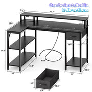 Amadwell 47 Inch L Shaped Computer Desk with Customizable LED Lighting, Power Outlet, Drawer, Shelves, Black