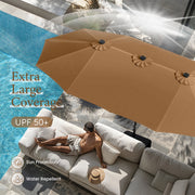 Summit Living 15 ft Double-Sided Solar Patio Umbrella with LED Solar Lights, Brown, SL-E02GMPM4