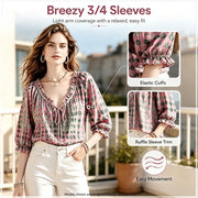 Generic Women's Polka Dot Lace Up Blouse, Abstract Geometric Print, Adjustable Ruffle V-Neck, Lightweight 3/4 Puff Sleeves, Soft Breathable Polyester