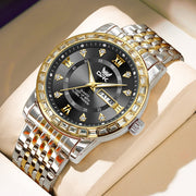 OPK Men's Diamond Luxury Dress Watch, Analog Quartz, 42mm Black Dial, Gold Stainless Steel Band, Water-Resistant 30m, Date Display WA-K-G8174GJ-JH