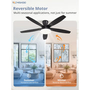 Zardon 52in Ceiling Fan with Light, Remote Control, Reversible Motor, 6 Speeds, Flush Mount, Indoor Outdoor, Black HQ52