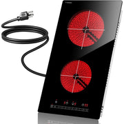 TYEMUI 2 Burner Electric Cooktop, Portable 2000W Infrared, 12in Ceramic Glass, Built-In or Countertop, 110v
