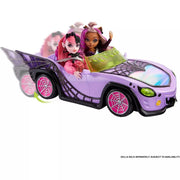 Monster High HHK63 Toy Car, Ghoul Mobile with Pet and Cooler Accessories, Purple Convertible with Spiderweb Details