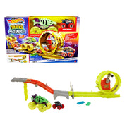Mattel Hot Wheels Monster Trucks Charge & Chase Challenge Track Set with Oversized Skelesaurus, 1:64 Scale Bone Shaker, 2 Crushed Cars, Multicolor, HYT07