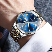 OLEVS Men's Dress Watch, Luxury Blue Dial with Diamond Accents, Two Tone Stainless Steel, Date Display, Luminous Hands, Waterproof 100 ft, 41mm 9931