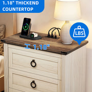 Dextrus Farmhouse Nightstand with Built-In Charging Station, 3 Drawers, Antique White