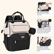 BabbleRoo Large Capacity Baby Diaper Bag Backpack, Waterproof Polyester, Black & Apricot, Includes Changing Mat and Stroller Straps