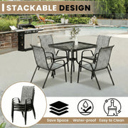 Pirecart 5-Piece Outdoor Patio Dining Set, Square Hydrographic Glass Table, 4 Stackable Textilene Chairs, Steel Frame, Gray
