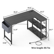 Mr IRONSTONE 47 Inch L-Shaped Desk with Built-in Power Outlets and USB Ports, Reversible Shelving, Adjustable Storage, Black