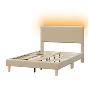 Bestier Corduroy Upholstered Full Bed Frame with Adjustable Headboard, LED Light, Solid Teak Wood Slats, Beige