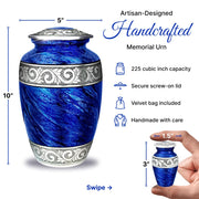 Americurn Eternal Blue Cremation Urn Set, Large Adult Urn with 4 Keepsake Urns and Memorial Necklace, Handmade Sand-Cast Design, Secure Screw-Top Lid, Deep Blue with Silver Accents, BLUE_5PA-NU
