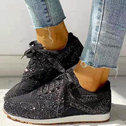 DIOXADOP Women's Casual Lace-Up Sneakers, Breathable Crystal Sparkling Design, Comfortable Wide Fit Flat Platform Heels