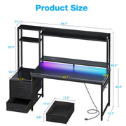Casacomoda 55 inch Gaming Desk with LED Lights & Power Outlets, Home Office Desk with Reversible Storage Drawers & Monitor Shelves