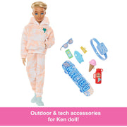 Mattel Barbie Dream Besties Ken 11 Inch Posable Fashion Doll with Blonde Hair, Removable Orange Tie-Dye Outfit, 9 Summer and Skateboard Accessories