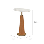 Beautiful Blyth Drink Table, White Marble-Look Top, Cherry Wood Base with Gold Metal Accent, Oval Shape, Mid-Century Modern