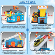 Suorfoxs 2 IN1 Foldable Two-Layer Race Tracks Set with Carrier Truck and 2 Alloy Cars for Boys 2-6 Years