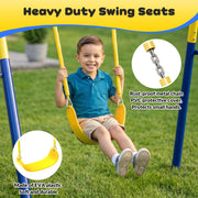 Gardwin 7in1 Metal Outdoor Swing Set with Saucer Swing, Double Wall Slide, Glider, Belt Swing, Trapeze Bar, Standing Swing, Teeter Totters, Yellow and Blue, for 10 Kids Ages 3-12 GW-SW701-BY