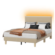 Bestier Corduroy Upholstered Full Bed Frame with Adjustable Headboard, LED Light, Solid Teak Wood Slats, Beige