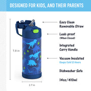 Thermos Kids Stainless Steel Funtainer Water Bottle with Straw, Leak-Proof, Dinosaur Design, 14 oz, F40524DN4