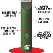 Happy Nuts Lumberjack 2.0 Men's Electric Body Hair Trimmer with Precision Foil Shaver, Waterproof, Rechargeable, Green