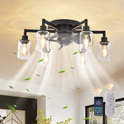 Garwarm 6-Light Industrial Ceiling Fan with Lights, Black Flush Mount, 6-Speed Reversible Quiet DC Motor, Remote Control, JD2003-6B