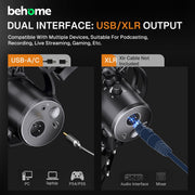 Behome 360 XLR USB Dynamic Microphone with 360 Adjustable Boom Arm, RGB Lighting, Mute Indicator, Volume Control, Black, CP-C1068