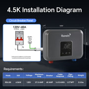 Ranein Electric Tankless Water Heater, 4.5 kW, 110V, Instant On-Demand, Under-Sink Point-of-Use Heater, LED Digital Display