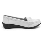 HAJINK Womens Loafers Flats Casual Shoes, Faux Leather, White, Platform Flat Heel, Round Toe, Slip-On