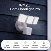 Wyze Cam Floodlight Pro Outdoor Security Camera, 3000-Lumen Adjustable LEDs, 180 Panoramic View, 2K HD, Color Night Vision, Motion Detection, 105dB Siren, Wired, White, WYZECFLP