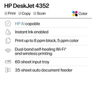 HP DeskJet 4352 Wireless All-in-One Inkjet Printer, Scanner, Copier, Black