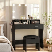 VEANERWOOD Modern Vanity Table Set with Adjustable LED Lighted Mirror, Built-in Power Outlet and USB Ports, Two Drawers, Cushioned Stool with Storage, BLACK , 31.5 in