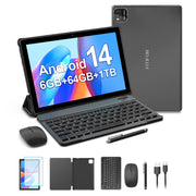 Fitifun M10 10.1 Inch 6GB RAM 64GB Storage 2 GHz Processor Speed Android 14 Wi-Fi Tablet with Keyboard, Gray