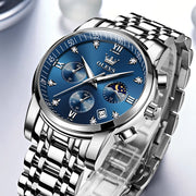 OLEVS Mens Casual Quartz Chronograph Watch, Blue Dial, Two-Tone Stainless Steel Bracelet, Luminous Hands, 30m Water Resistant