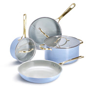 Chef Power AHUSNS01163 7 Pcs Ceramic Cookware Set, Non-Stick Pots and Pans with Brushed Gold Stainless Steel Handles, Oven Safe to 450F, Blue Gray