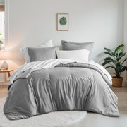 Designer Living Queen Size Comforter Set, 7-Piece Reversible Chambray Gray Bedding with Microfiber and Polyester Fill