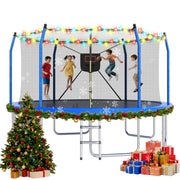 Euroco 14ft Round Trampoline with LED Lights, Basketball Hoop, Enclosure Net, Ladder, Galvanized Steel Frame, 1500 lbs Capacity