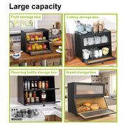 GAMBE Double Layer Bamboo Bread Box with Frosted Acrylic Door Panel, Black, Large Capacity Kitchen Countertop Organizer