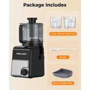 SMALLHOO Masticating Juicer, 6.5 in Extra Wide Chute, 3-in-1 Juice Sorbet Nut Milk Cold Press, 100 fl oz Capacity, Quiet 350W Motor, BPA-Free, SH-980MJ-1