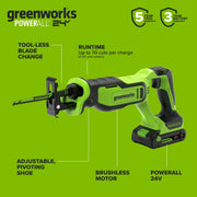 Greenworks PowerAll 24V Brushless Reciprocating Saw Kit, 2Ah USB-C Battery, 30W Fast Charger, Adjustable Pivoting Shoe, 3,200 SPM, RS326A2