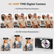 ACTITOP 4K 48MP Vlogging Digital Camera with 32GB Card, Black - Autofocus