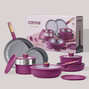 Carote A13622-DS 21-Piece Nonstick Pots and Pans Cookware Set with Detachable Handle, Induction Compatible, Purple