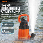 Cleartide Utility Pump, 8160 LPH Submersible Water Pump, 100% Copper Motor, Handles 1/8 Inch Solids, Dual Discharge Ports, 10 Ft Cord, Orange
