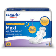 Equate EQT03013 Overnight Extra-Heavy Flow Maxi Pads with Wings, 20 count