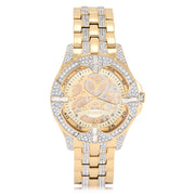 Elgin FG180032 Adult Men's Gold Blinged Out Round Case Watch with Matching Bracelet and Faux Skeleton Dial.