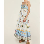 ScarletteEmmy Women Coastal Print Maxi Dress, Spaghetti Strap, High Waist, Flowy Linen Look Sundress, Light Blue