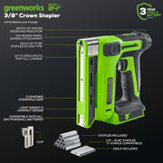 Greenworks 24V Cordless 3/8 in 18 GA Crown Stapler, Narrow Nail Stapler, Lightweight, Rubber Grip, STG309