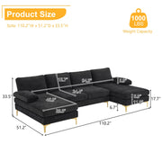 Ktaxon 110 Chenille Fabric Modern U-Shape Sectional Couch with Metal Feet, Black